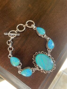 Sterling Silver Teardrop Blue-Green Opal Bracelet